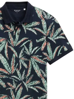 Polo en coton marine et vert à motif floral avec coupe droite et manches courtes