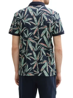 Polo en coton marine et vert à motif floral avec coupe droite et manches courtes