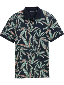 Polo en coton marine et vert à motif floral avec coupe droite et manches courtes