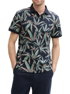 Polo en coton marine et vert à motif floral avec coupe droite et manches courtes