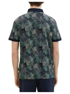 Polo en coton marine fleuri avec une coupe droite et un col boutonné