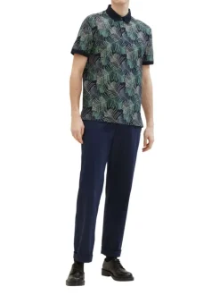 Polo en coton marine fleuri avec une coupe droite et un col boutonné
