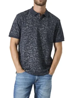 Polo en coton marine à imprimé floral avec une coupe droite et un col à revers