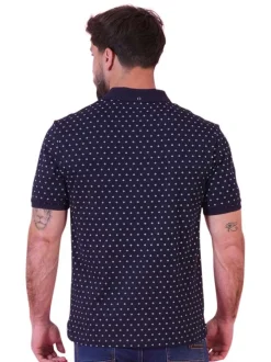 Polo en coton marine à motifs pourvu d'une coupe droite et d'un col boutonné