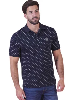 Polo en coton marine à motifs pourvu d'une coupe droite et d'un col boutonné