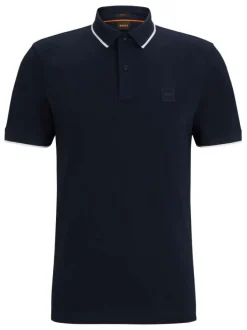 Polo en coton marine uni coupe droite avec un col boutonné par 2 boutons