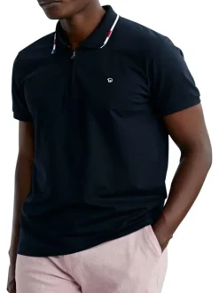 Polo en coton marine uni pourvu d'un col zippé et de manches courtes