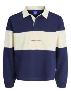 Polo en coton mélangé marine rayé avec une coupe droite et un col à revers