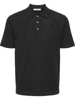 Polo en coton mélangé noir pourvu d'un col boutonnée et de manches courtes