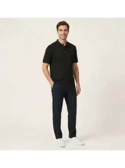 Polo en coton mélangé noir pourvu d'un col boutonnée et de manches courtes
