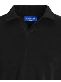 Polo en coton mélangé noir uni coupe droite avec un col v fendu