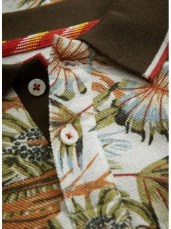 Polo en coton à motifs de feuillage col boutonné et à manches courtes