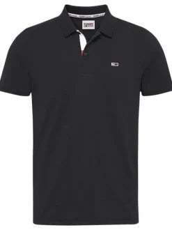 Polo en coton noir avec une fermeture boutonnée et logo iconique