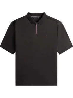 Polo en coton noir uni avec une coupe droite et un col à revers zippé