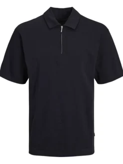 Polo en coton noir uni coupe droite avec un col français et 1/2 zip