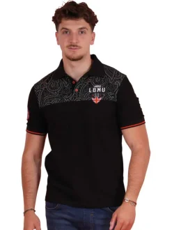 Polo en coton noir uni pourvu d'une coupe droite et d'un col boutonné