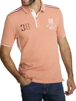 Polo en coton pêche à coupe droite pourvu d'un col à revers boutonné