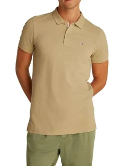 Polo en coton régénératif beige uni droit avec col polo et logo à la poitrine