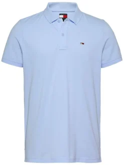 Polo en coton régénératif bleu uni à coupe droite, logo et col boutonné
