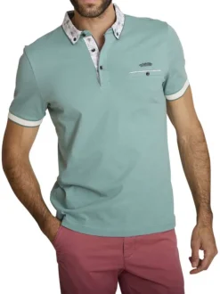Polo en coton vert d'eau uni avec une coupe ajustée et un col boutonné