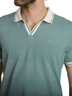 Polo en coton vert d'eau uni avec une coupe ajustée et un col v à revers