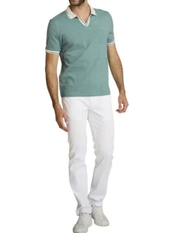 Polo en coton vert d'eau uni avec une coupe ajustée et un col v à revers