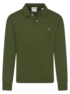 Polo en coton vert uni à coupe ajustée avec col boutonné et des manches longues