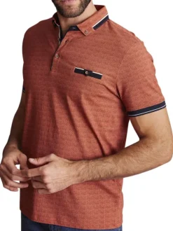 Polo en lin rouge brique à minis pois avec un col américain et une poche