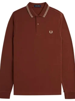 Polo en maille piquée camel à col à revers boutonné et à manches longues