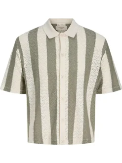 Polo kaki et blanc à coupe droite pourvu d'un col à revers et de manches courtes