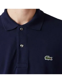 Polo L1212 en coton marine uni avec une coupe droite et un col boutonné