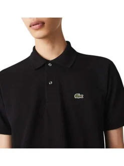 Polo L1212 en coton noir uni coupe droite avec un col boutonné de 2 boutons