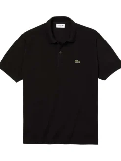 Polo L1212 en coton noir uni coupe droite avec un col boutonné de 2 boutons
