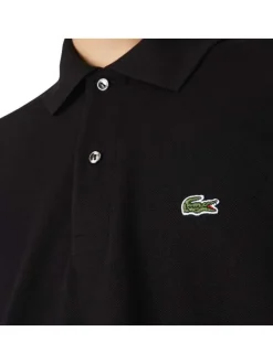 Polo L1212 en coton noir uni coupe droite avec un col boutonné de 2 boutons