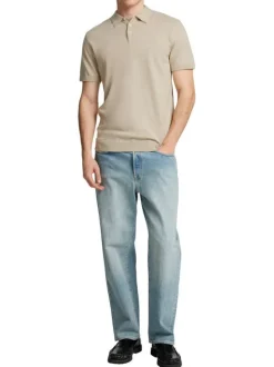 Polo manches courtes en coton beige en maille à coupe regular et col à revers