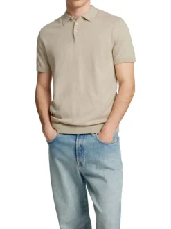 Polo manches courtes en coton beige en maille à coupe regular et col à revers