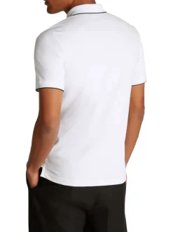 Polo à manches courtes en coton blanc uni à coupe ajustée avec des liserés noirs