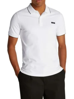 Polo à manches courtes en coton blanc uni à coupe ajustée avec des liserés noirs