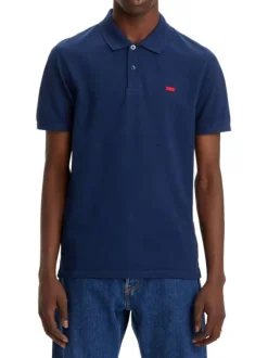 Polo manches courtes, en coton bleu nuit, à col 2 boutons et coupe slim