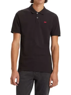 Polo manches courtes, en coton noir uni, à col 2 boutons et coupe slim