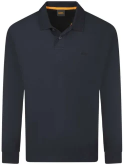 Polo manches longues en coton bleu marine uni avec une coupe droite et le logo