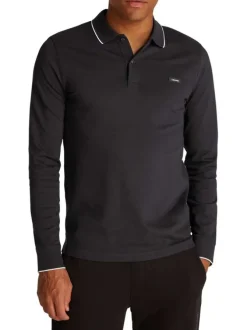 Polo à manches longues en coton noir uni à coupe ajustée avec des liserés blancs
