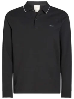 Polo à manches longues en coton noir uni à coupe ajustée avec des liserés blancs