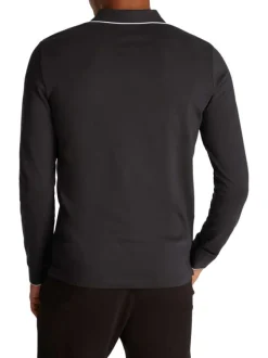 Polo à manches longues en coton noir uni à coupe ajustée avec des liserés blancs