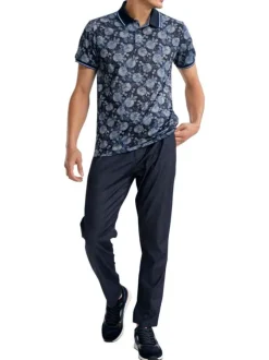 Polo marine floral pourvu de manches courtes et d'un col boutonné