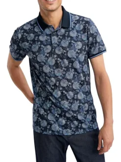 Polo marine floral pourvu de manches courtes et d'un col boutonné