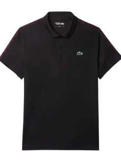 Polo noir à coupe droite un col boutonné et une bande monogramme aux épaules
