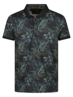 Polo noir à imprimé feuillage et à coupe regular fit avec un col américain