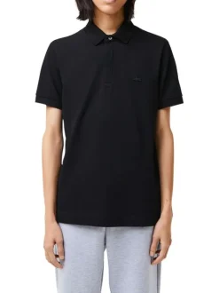 Polo Paris en coton noir uni coupe droite col boutonné et manches resserrées