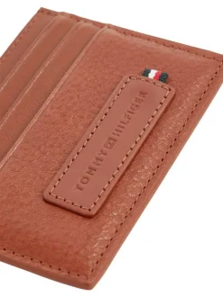 Porte-cartes camel uni en cuir avec logo iconique et nom de la marque